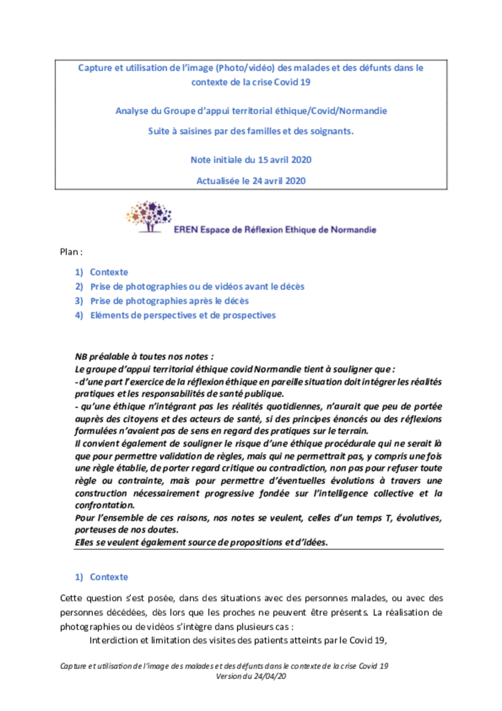 Note de l'Espace régional éthique de Normandie (EREN)