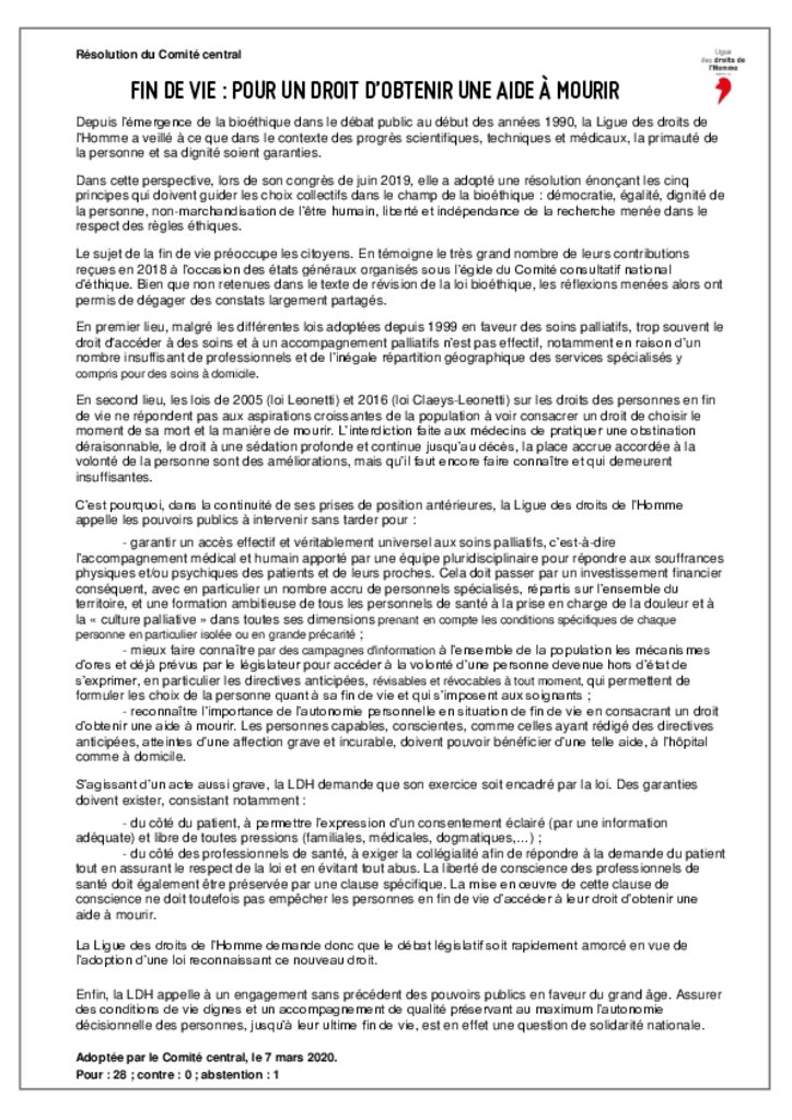 Résolution du Comité central de la ligue des droits de l'Homme