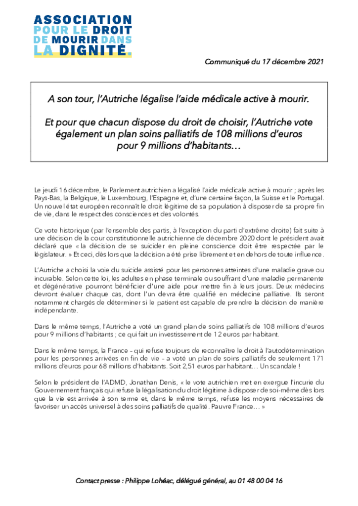 CP - L'Autriche légalise le suicide assisté