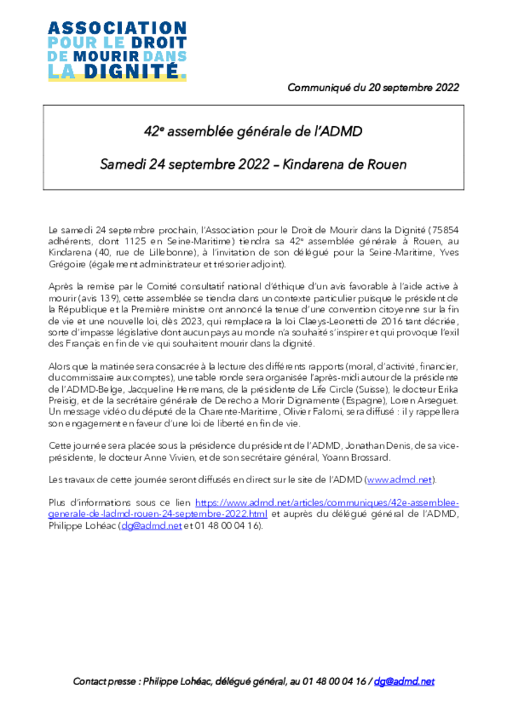 CP - 42e AG de l'ADMD