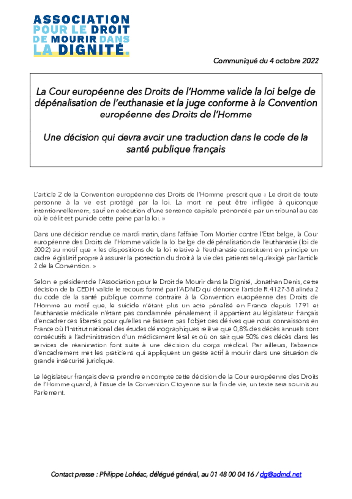 CP - La Cour européenne des Droits de l’Homme valide la loi belge de dépénalisation de l’euthanasie