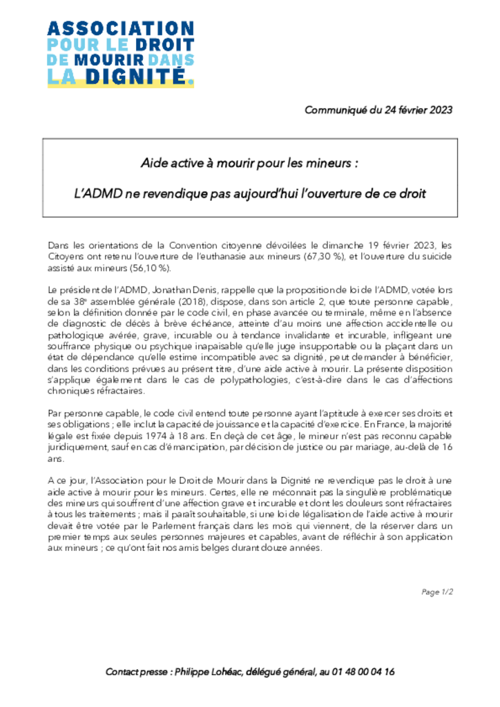 CP - Aide active à mourir pour les mineurs : l’ADMD ne revendique pas aujourd’hui l’ouverture de ce droit