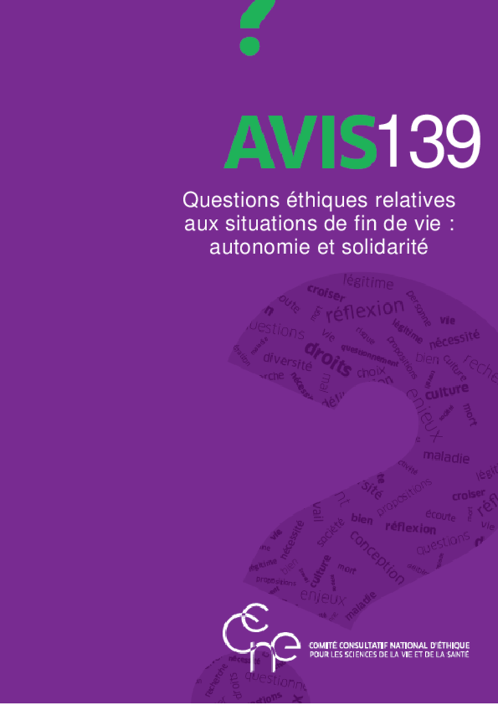 Rapport du Comité consultatif national d'éthique - Avis CCNE 139