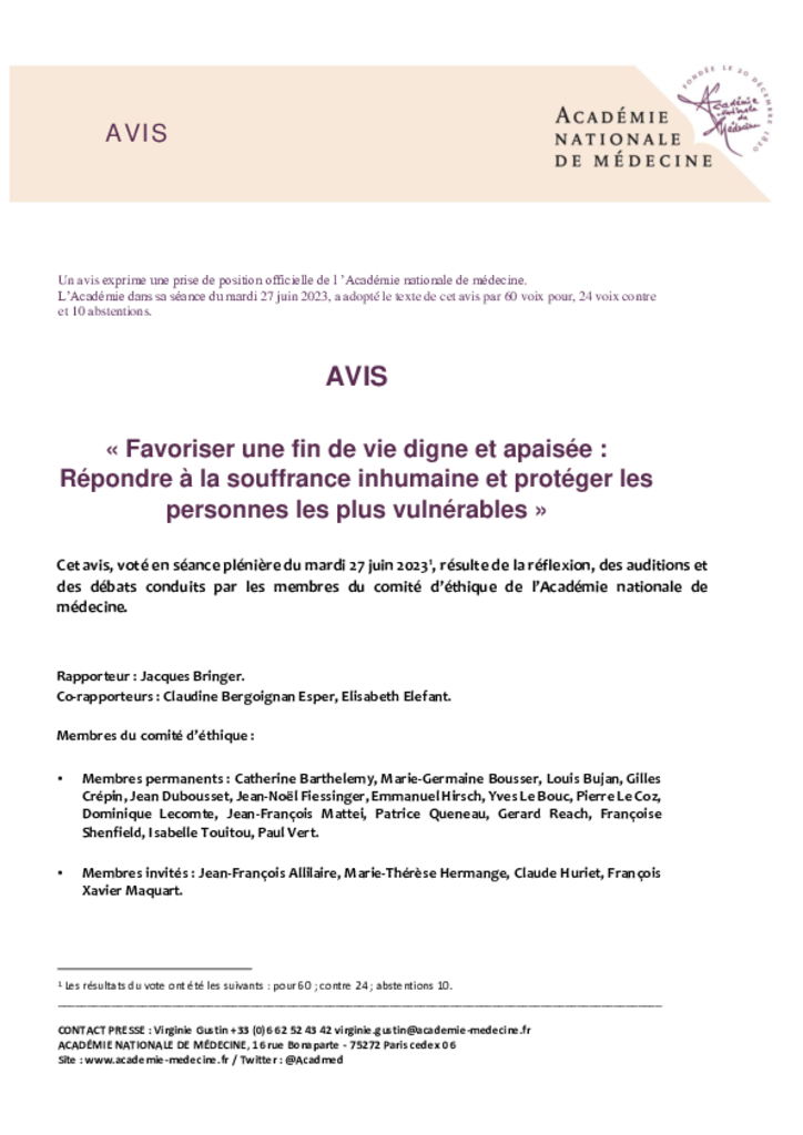 Avis de l'Académie de médecine - "Favoriser une fin de vie digne et apaisée"