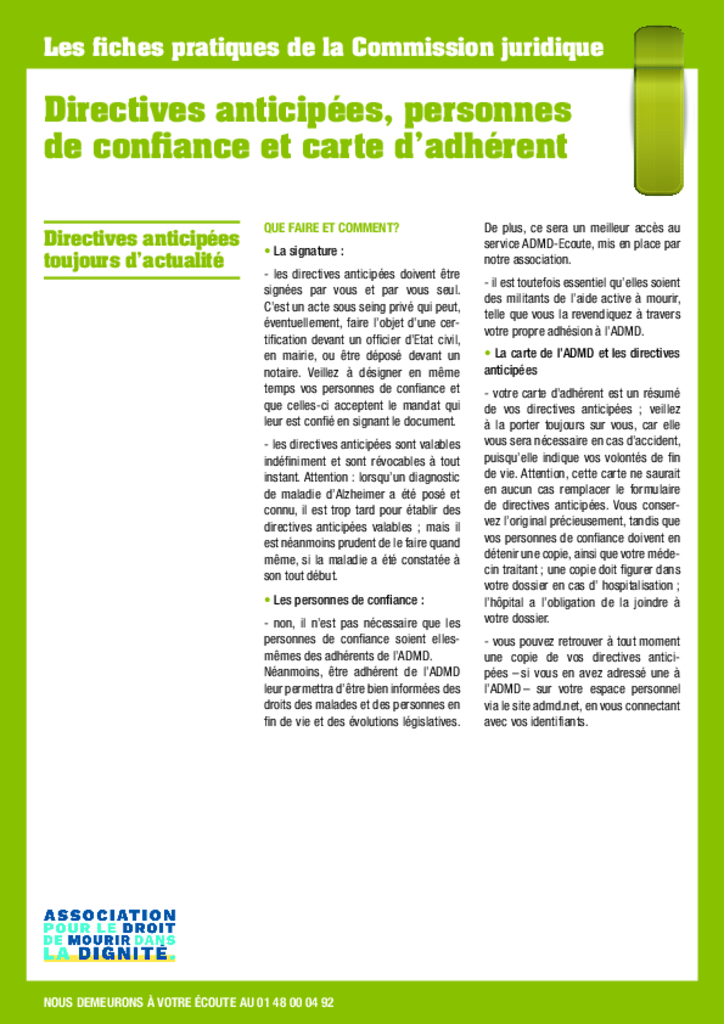 Directives anticipées, personnes de confiance et carte d'adhérent